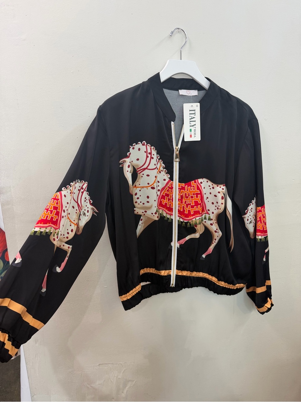 Black Horse-Print Bomber Jacket